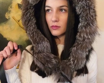 BLACK FOX HOOD with Silver fox trim!Order Any color!Brand New Real Natural Genuine Fur!