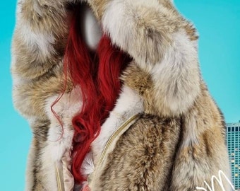 HOODED COYOTE FUR Coat!Brand New Real Natural Genuine Fur!