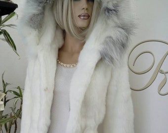 WHITE RABBIT HOODED Fur with Frost Fox Trim!Brand New Real Natural Genuine Fur!
