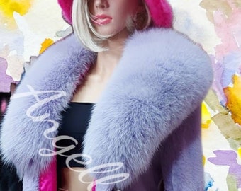 RABBIT FUR Coat With FOX!Brand New Real Natural Genuine Fur!