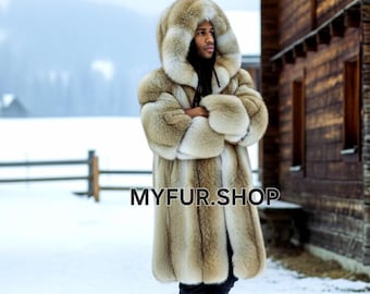MEN'S HOODED COYOTE Furcoat!Brand New Real Natural Genuine Fur Coat!