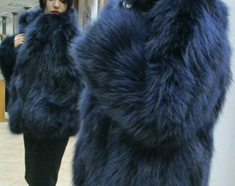 FOX BLUE COLOR Fur Jacket!Fluffy!Order Any color!Brand New Real Natural Genuine Fur!