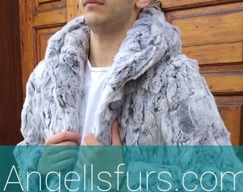 MEN'S HOODED REX fur coat in Silver color!Brand New Real Natural Genuine Fur!
