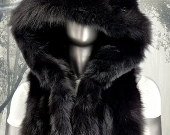 MEN'S LONG Hooded Fox Vest!Brand New Real Natural Genuine Fur!