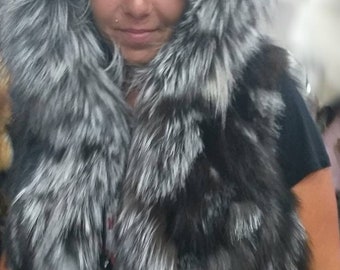 SILVER FOX HOODED Vest! Brand New Real Natural Genuine Fur!