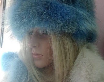 FOX FUR HAT one size in Sky blue!Brand New Real Natural Genuine Fur!