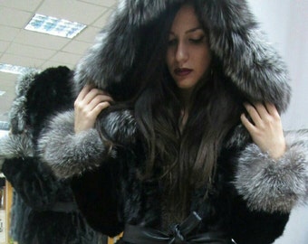 NEW!!!Natural Real Hooded Mink Fur Jacket with Silver Fox!!!