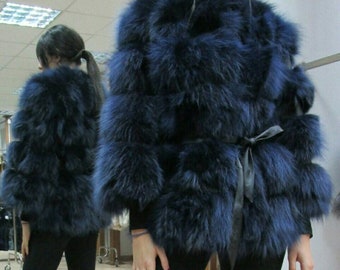 BLUE colored FOX FUR jacket!Brand New Real Natural Genuine Fur