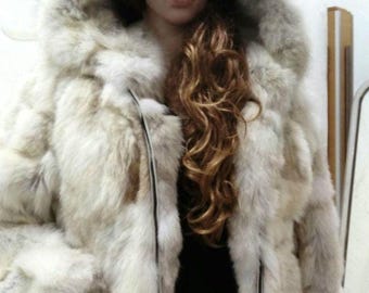 REAL HOODED FOX Fur Coat!Brand New Real Natural Genuine Fur