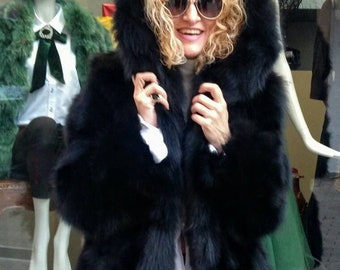 BASIC BLACK FUR Beauty!New,Natural, Real Modern Hooded Fox Fur Coat!