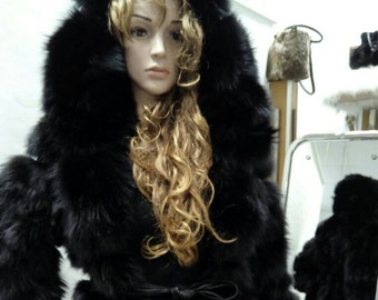 BLACK ELEGANCE!!!New,Natural, Real Modern Hooded Fox Fur Coat!