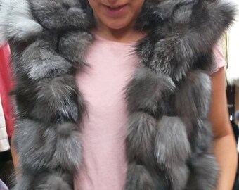 HOODED SILVER FOX Fur Vest!Brand New Real Natural Genuine Fur!