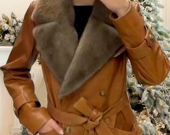 REAL LEATHER Coat with MINK Detachable collar!Order Any color!Brand New Real Natural Genuine Fur