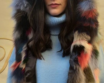 NEW in!Natural,Real MuLTIcoLoR FOX fur HOODED Vest!