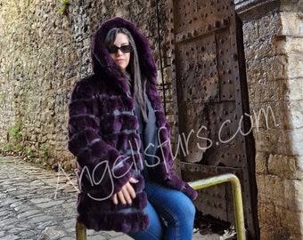 HOODED REX FUR Coat in Amazing Aubergine color!Brand New Natural Real Genuine Fur Coat!