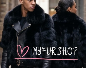 Men's Black Fox Fur and Leather jacket!Brand New Real Natural Genuine Fur