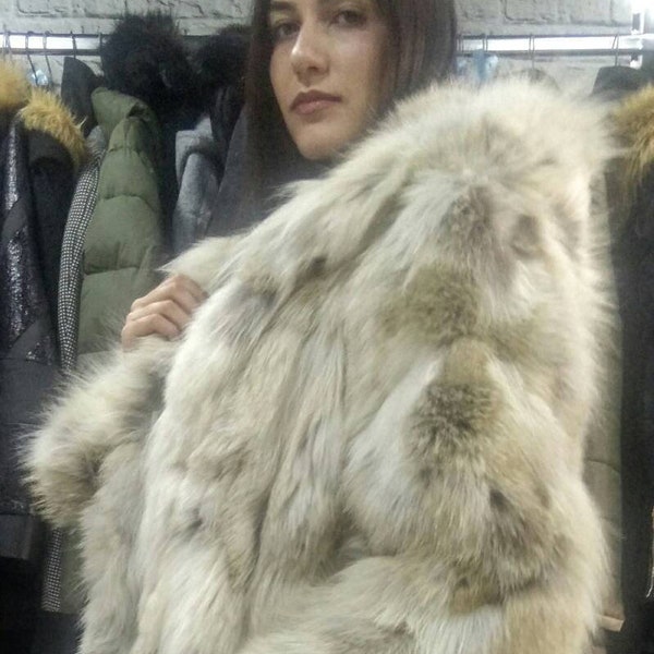 DETACHABLE SLEEVES!New,Natural Real Fox Hooded Fur Coat-Vest!