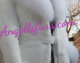 WHITE RABBIT Fur Coat with White FOX Collar!Brand New Real Natural Genuine Fur!