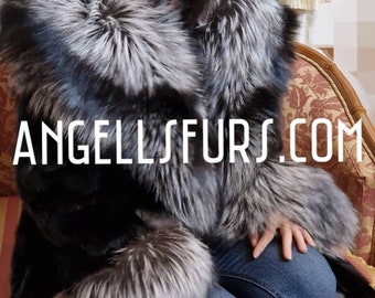 Long MINK HOODED Fur Coat with FOX!Brand New Real Natural Genuine Fur!