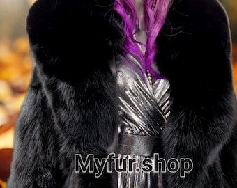 BLACK FOX FUR Coat!Brand New Real Natural Genuine Fur!