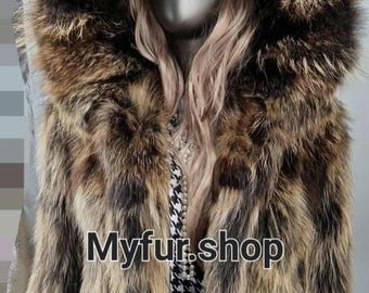 ON SALE!RACCOON Hooded Fur jacket!Brand New Real Natural Genuine Fur