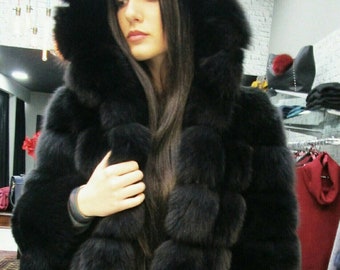 BLACK FULLPELT FOX Hooded Coat!Order Any color!Brand New Real Natural Genuine Fur!