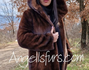 MINK FULLPELTS HOODED Coat!Brand New Real Natural Genuine Fur!