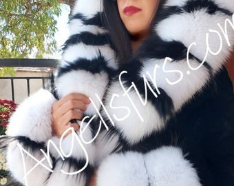 BLACK REX Hooded Furcoat with WHITE Fox fur!Brand New Real Natural Genuine Fur!