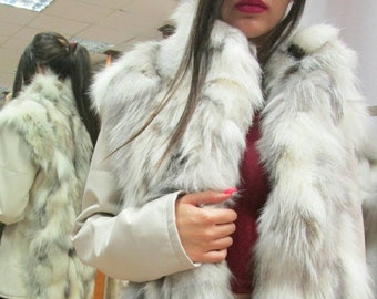 FOX and LEATHER jacket!Brand New Real Natural Genuine Fur!