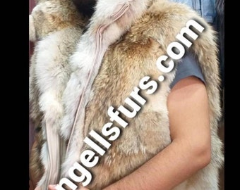 MEN'S COYOTE Long HOODED Fullpelts Vest!Brand New Real Natural Genuine Fur!