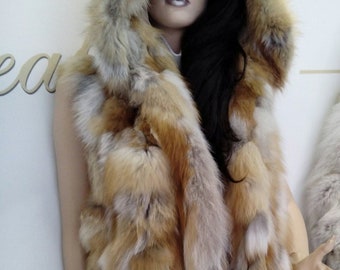 HOODED RED FOX Vest!Brand New Real Natural Genuine Fur!
