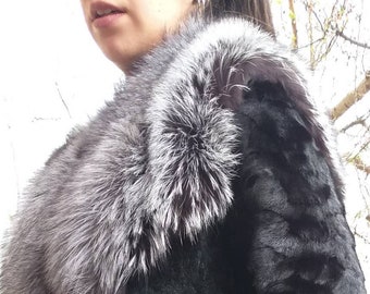 MINK FUR JACKET with Silver Fox collar!Brand New Real Natural Genuine Fur!