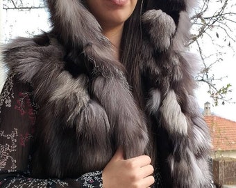 HOODED SILVER FOX Vest!Brand New Real Natural Genuine Fur