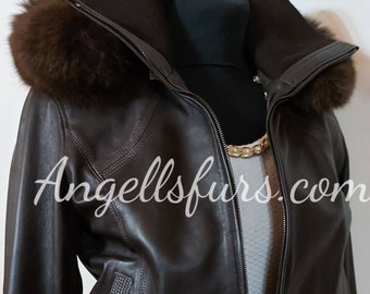 BOMBER LEATHER Jacket!Detachable HOOD!Brand New Real Natural Genuine Fur and Leather!