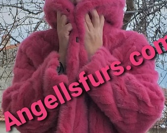 HOODED PINK MINK Fur Coat!Order Any color!Brand New Real Natural Genuine Fur!