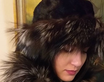BLACK MINK Fur HAT with Silver Fox!Brand New Real Natural Genuine Fur!