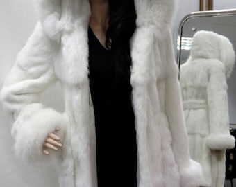 HOODED WHITE RABBIT Fur Coat with Fox!Order Any color!Brand New Real Natural Genuine Fur!