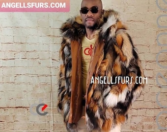 MEN'S SILVER Kross FOX Hooded Jacket!Video Available!Brand New Real Natural Genuine Fur!