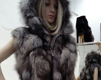 Hooded Silver Fox Fur Vest!Brand New Real Natural Genuine Fur