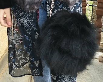 BLACK Fox FUR and Leather BAG!Brand New Real Natural Genuine Fur!