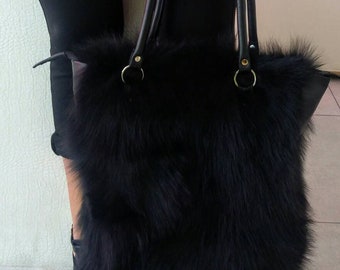 Black FOX FUR Shopper BAG!Brand New Real Natural Genuine Fur