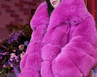 FUCHSIA FOX FULLPELTS Coat!Brand New Real Natural Genuine Fur