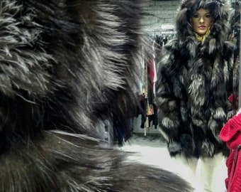 Dark SILVER fox Hooded Fur Coat-Vest!Brand New Real Natural Genuine Fur