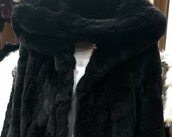 MEN'S HOODED REX Black fur coat! Order any color!Brand New Real Natural Genuine Fur!