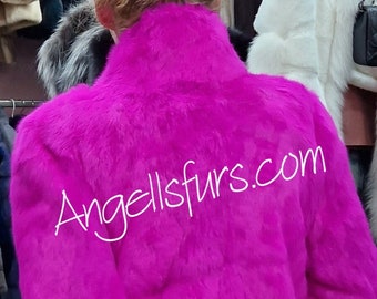 FUCHSIA RABBIT FUR Jacket!Brand New Real Natural Genuine Fur!