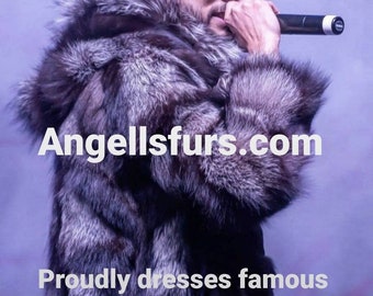 MEN'S HOODED SILVER Fox Fur Coat!Brand New Real Natural Genuine Fur!