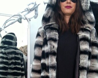 FULLPELTS REX Hooded Furcoat!Brand New Real Natural Genuine Fur!