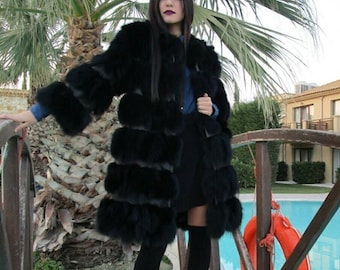 BLACK FOX COAT!Brand New Real Natural Genuine Fur!