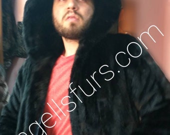 MEN'S HOODED Black Mink Fullpelts Fur Coat!Brand New Real Natural Genuine Fur!