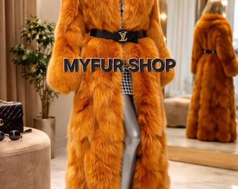 ORANGE Colored Full Length FOX FURCOAT!Order Any color!Brand New Real Natural Genuine Fur!